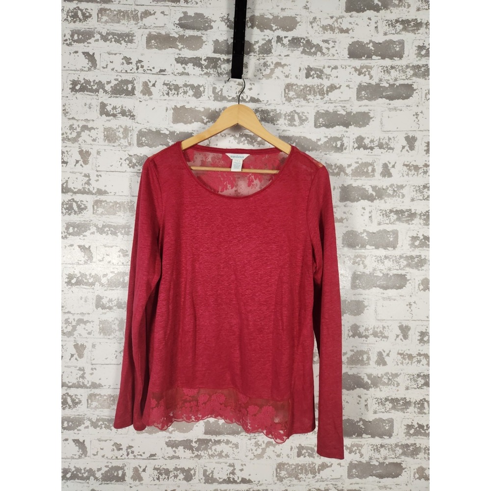 Sundance Linen Top Size Large Red Floral Lace Back Long‎ Sleeve Boho Lightweight